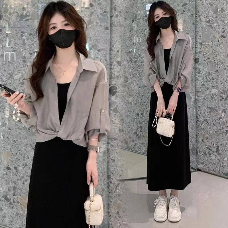 【人收藏】时尚套装裙女春秋新款洋气显瘦长袖衬衫百搭吊