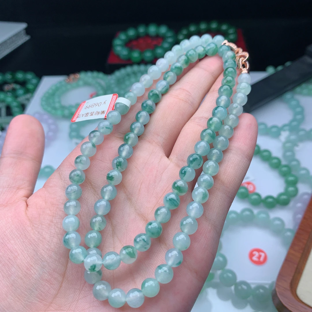 缅甸天然翡翠A货高冰起胶冰飘花多圈项链6m时尚渐变冰透长链清新