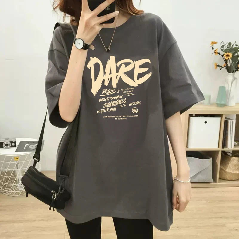 2025新款高级灰色纯棉上衣中长款韩版宽松大码短袖t恤女时尚百搭