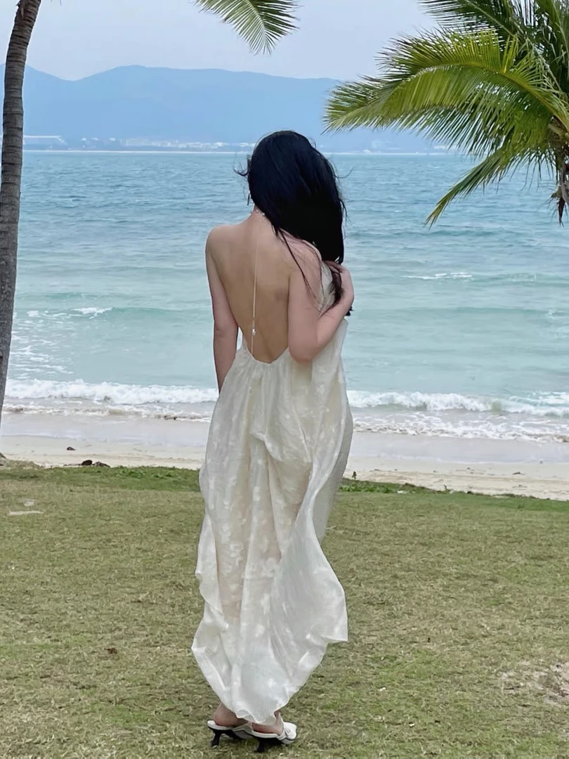 绝美超仙海边度假气质露背长裙复古裙子百搭夏季