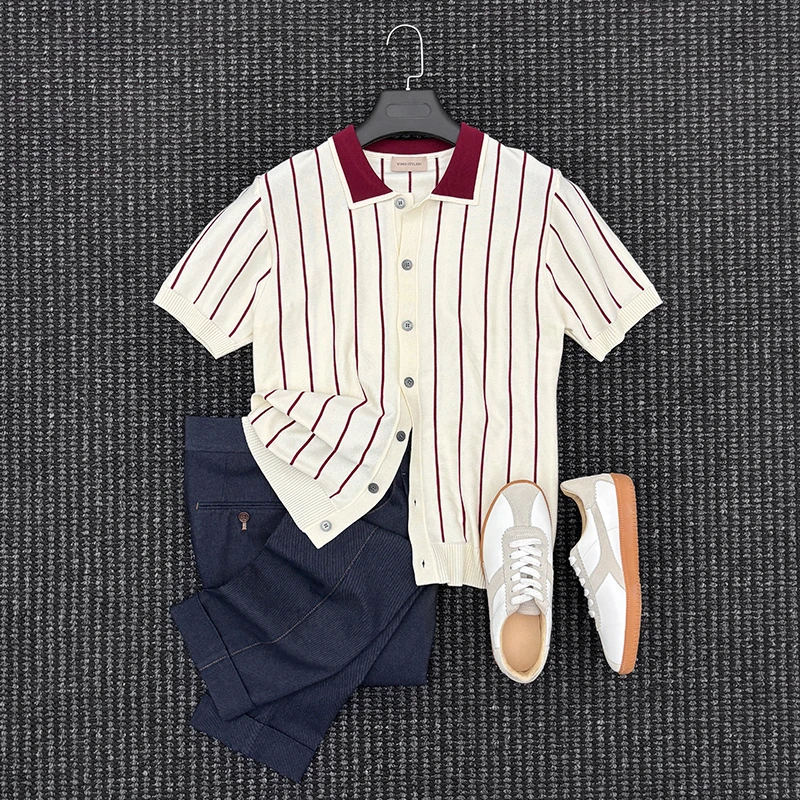 夏季那不勒斯老钱风商务休闲针织POLO衫男士休闲条纹冰丝短袖T恤