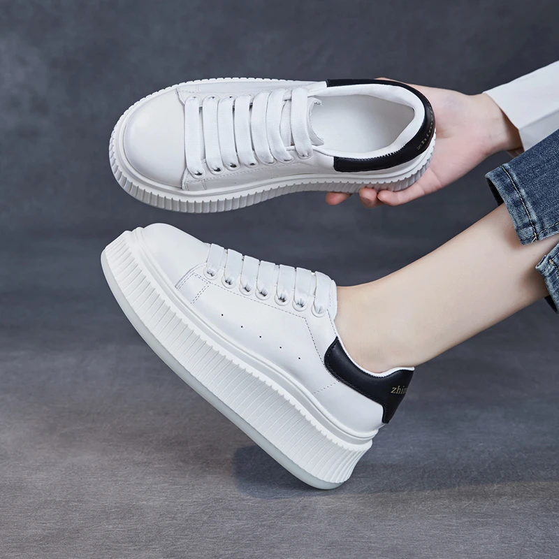真皮小白鞋女厚底松糕鞋2025春季新款增高板鞋百搭运动休闲单鞋潮
