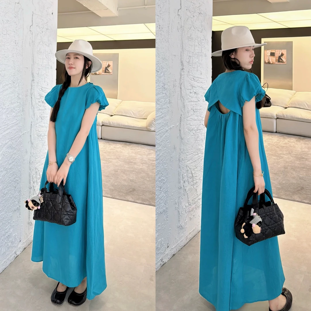 欧洲站2025夏季法式气质圆领落肩泡泡袖后背拼片镂空棉麻连衣裙潮
