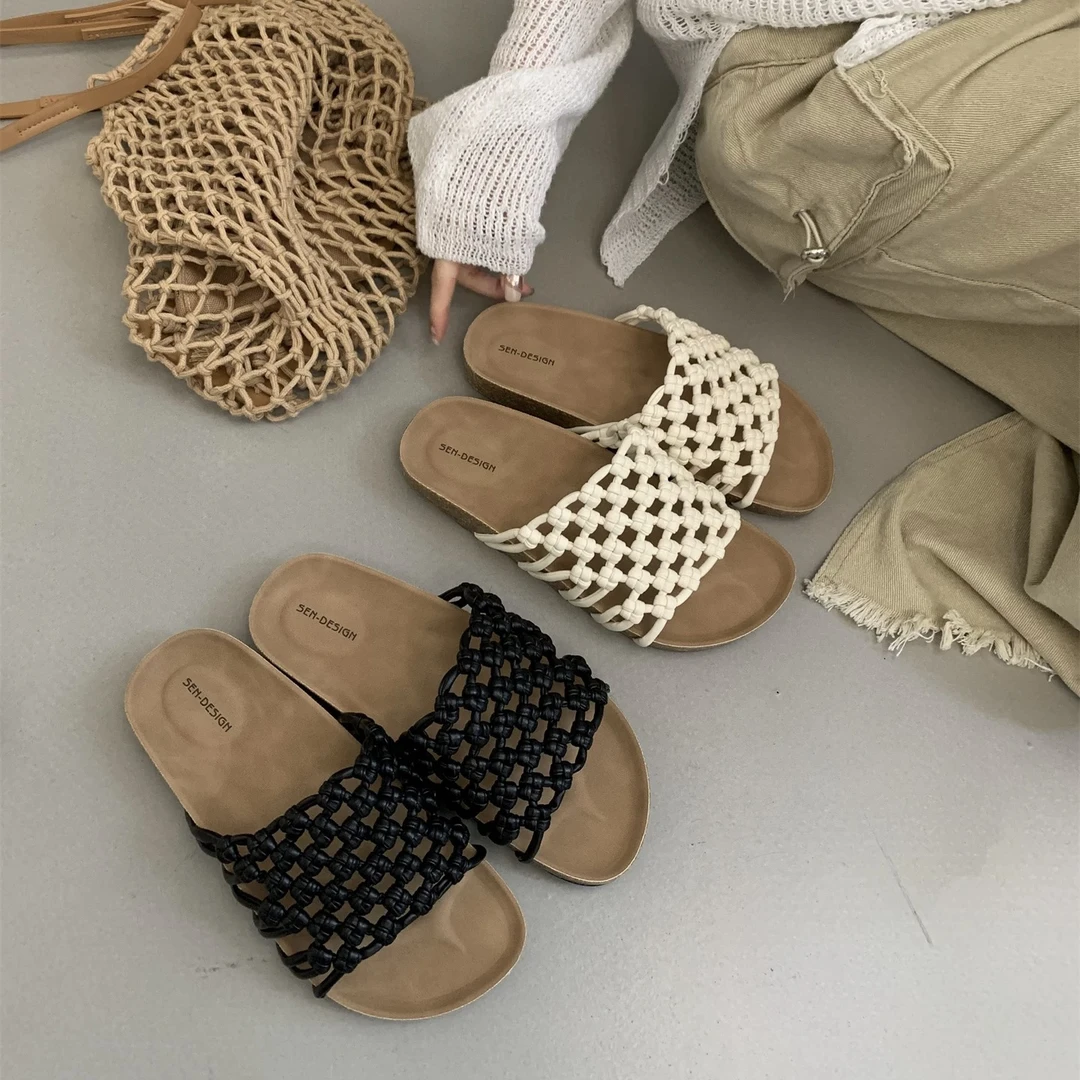 法式小众编织厚底勃肯拖鞋女大码2025新款夏季配裙子凉拖鞋女5012