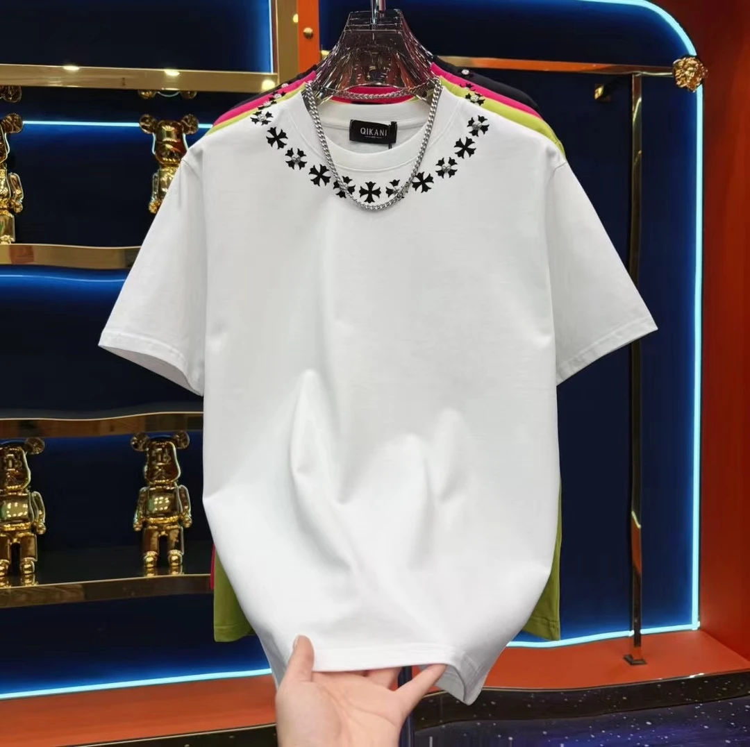 春夏新款网红同款男士高品质轻奢男士植绒铆钉T恤半袖