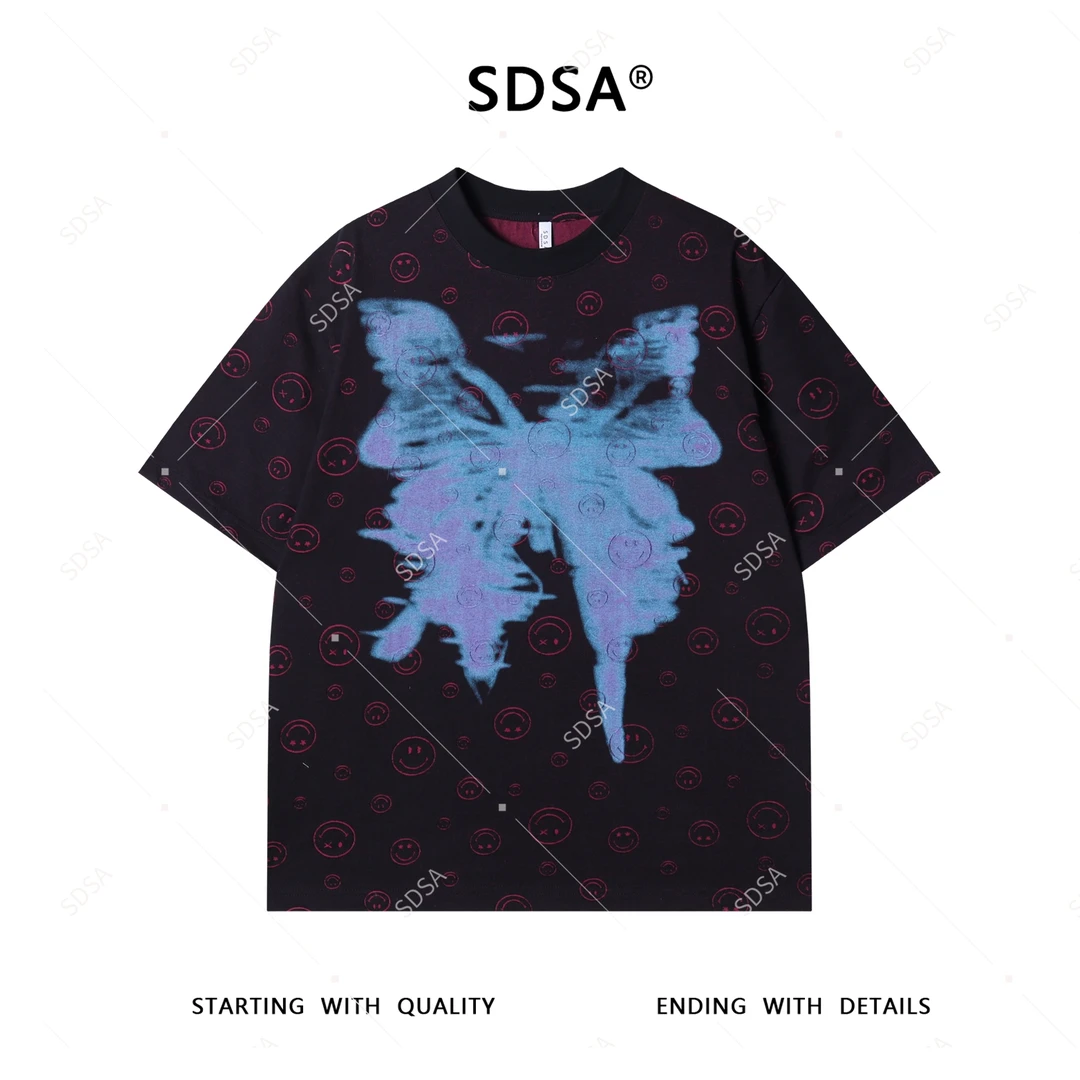 SDSA夏季新款男士痞帅割破笑脸蝴蝶印花设计圆领短袖T恤时尚百搭