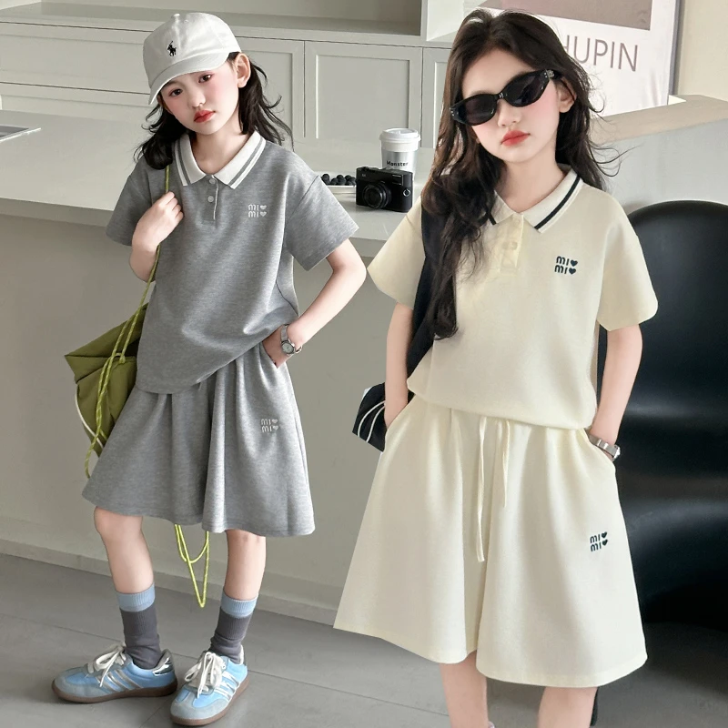 女童夏季套装大童童装POLO衫短袖短裤新款夏装休闲儿童运动两件套