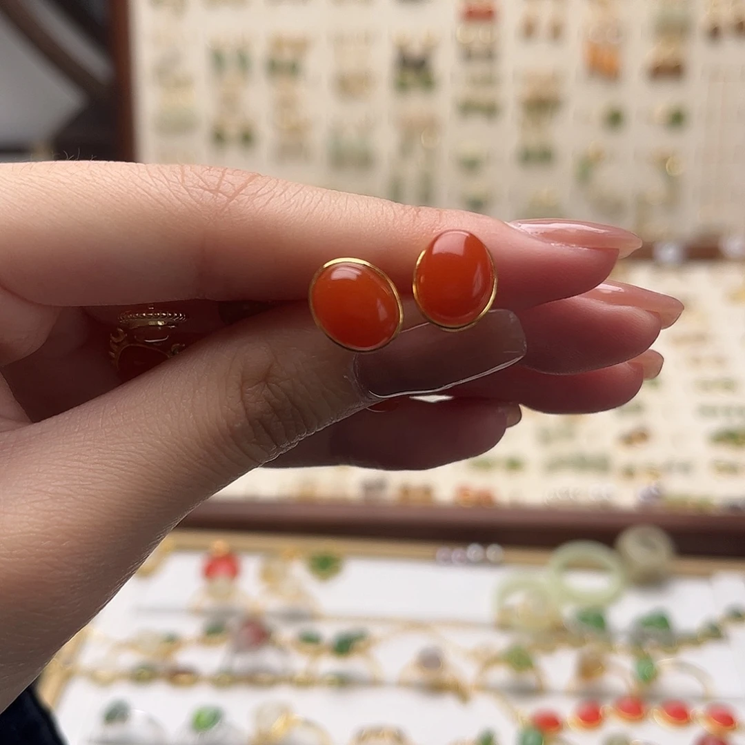 和田玉银S925镀金镶嵌耳饰