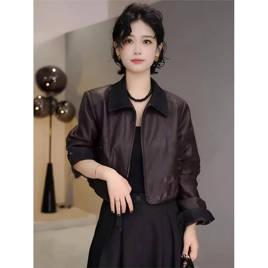 轻奢复古撞色拼接翻领长袖短外套女2025新款早秋宽松显瘦外搭皮衣