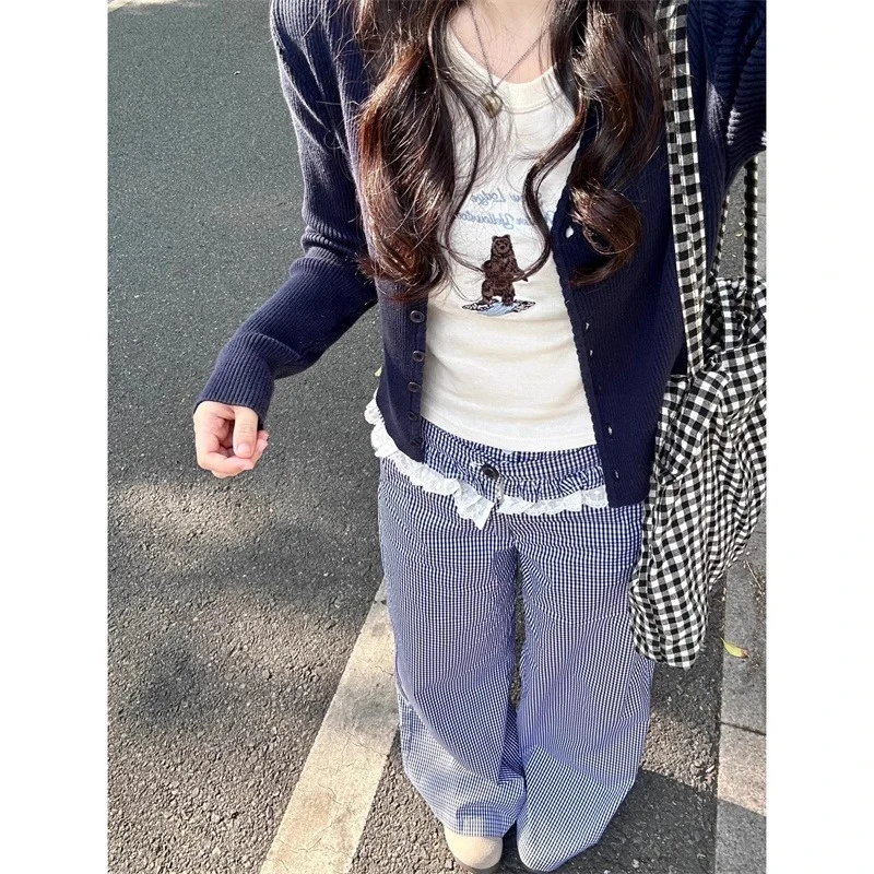 韩系甜美双腰头蕾丝拼接格子休闲裤女夏季新款小众设计感拖地长裤