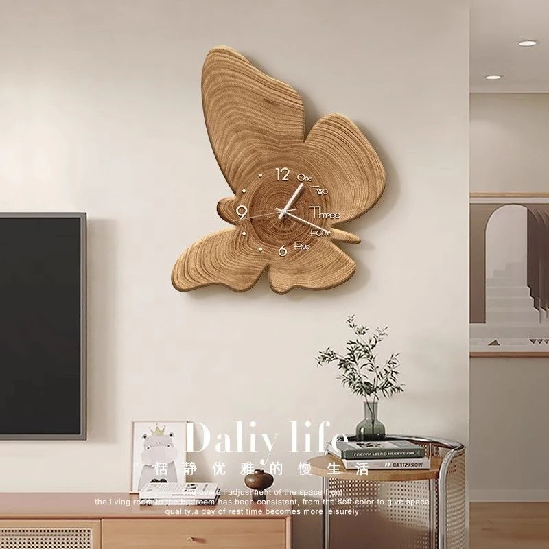侘寂风客厅装饰画挂钟原木风电视背景墙挂画复古艺术钟表蝴蝶567