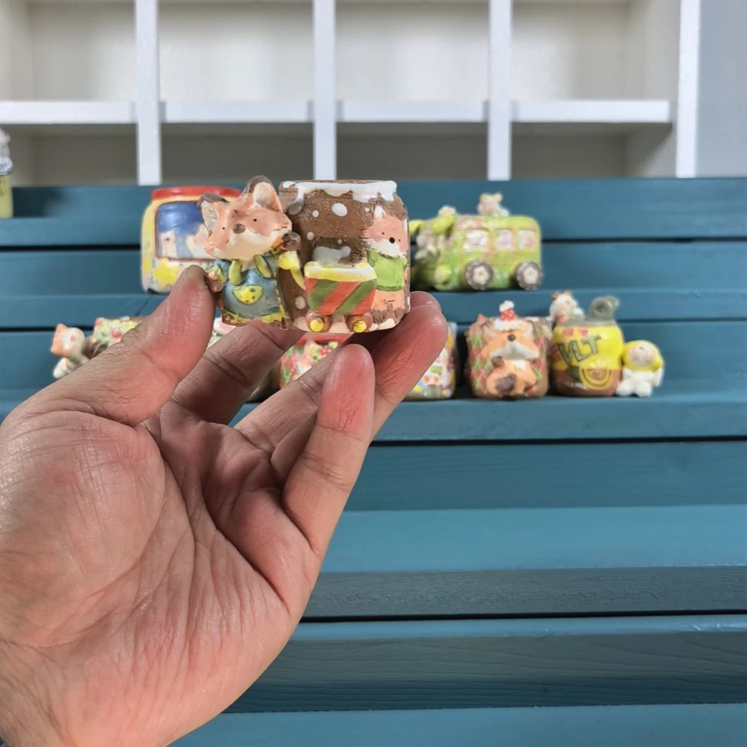 蓝色背带裤 小狐狸 手绘多肉花盆