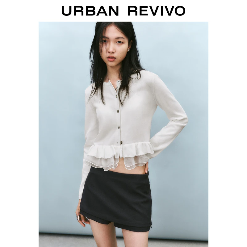 UR2025春季新品女装欧若风拼接薄纱荷叶边纽扣针织开衫UYU950059
