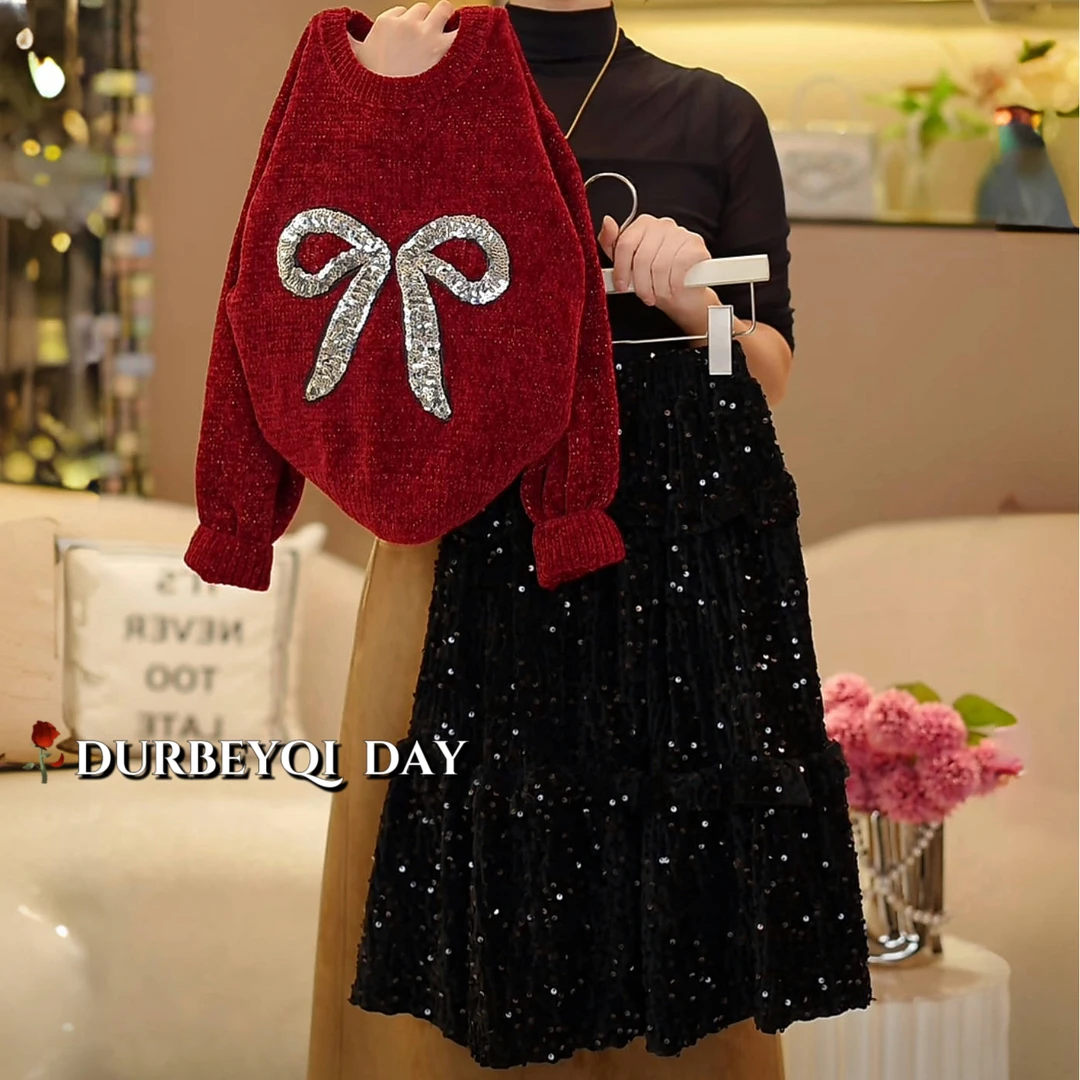 DURBEYQI/朵贝奇女童2025冬季新款蝴蝶结针织纯色毛衣5013