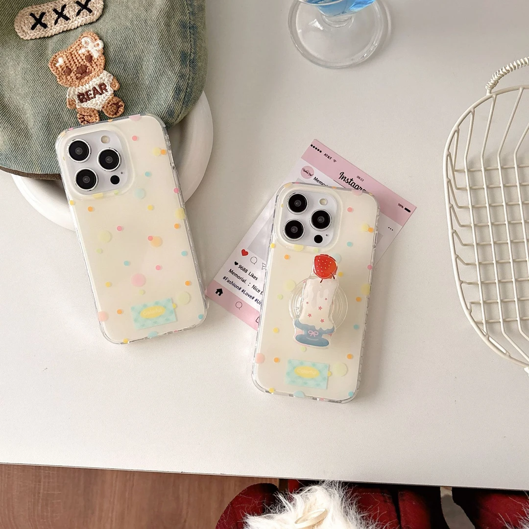 彩色波点双层imd适用16带支架卡通磨砂爱心边苹果磁吸旋转手机壳