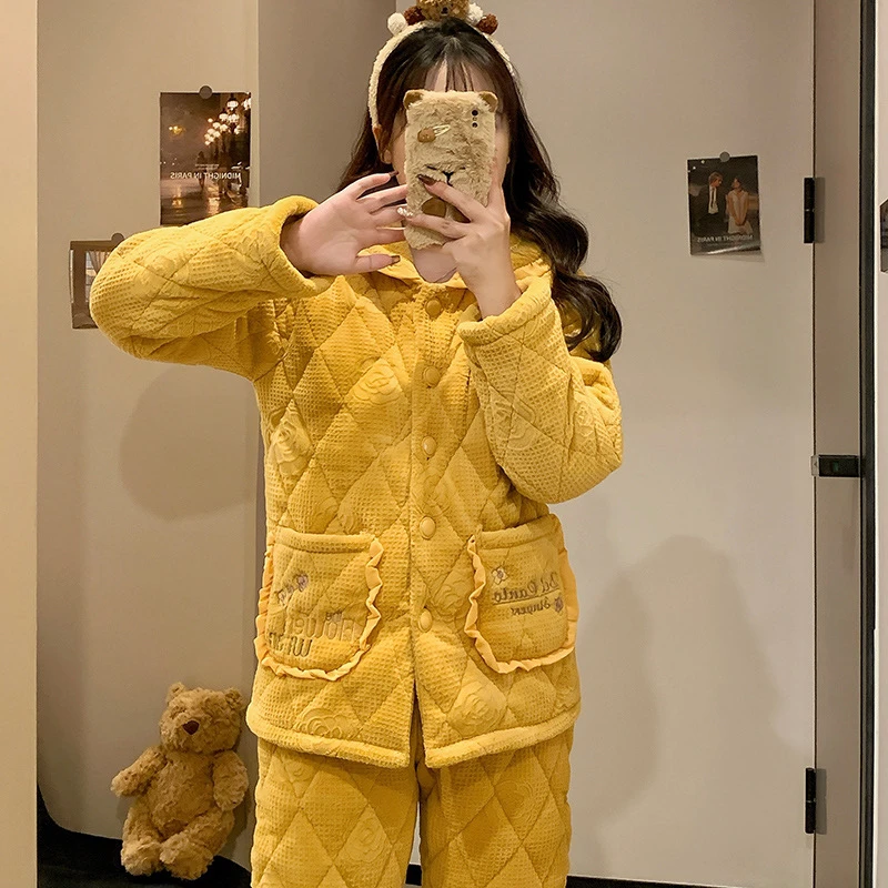2024年冬季睡衣女士加绒加厚保暖三层夹棉套装可爱甜美少女家居服