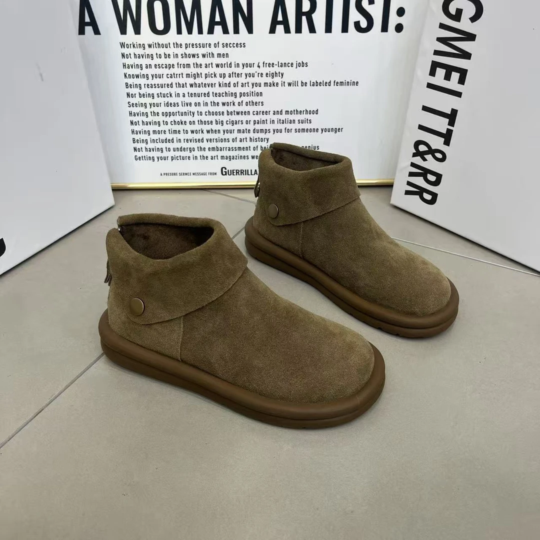 韩版秋季新款真皮平底圆头百搭舒适极简风休闲女靴勃肯鞋高帮短靴