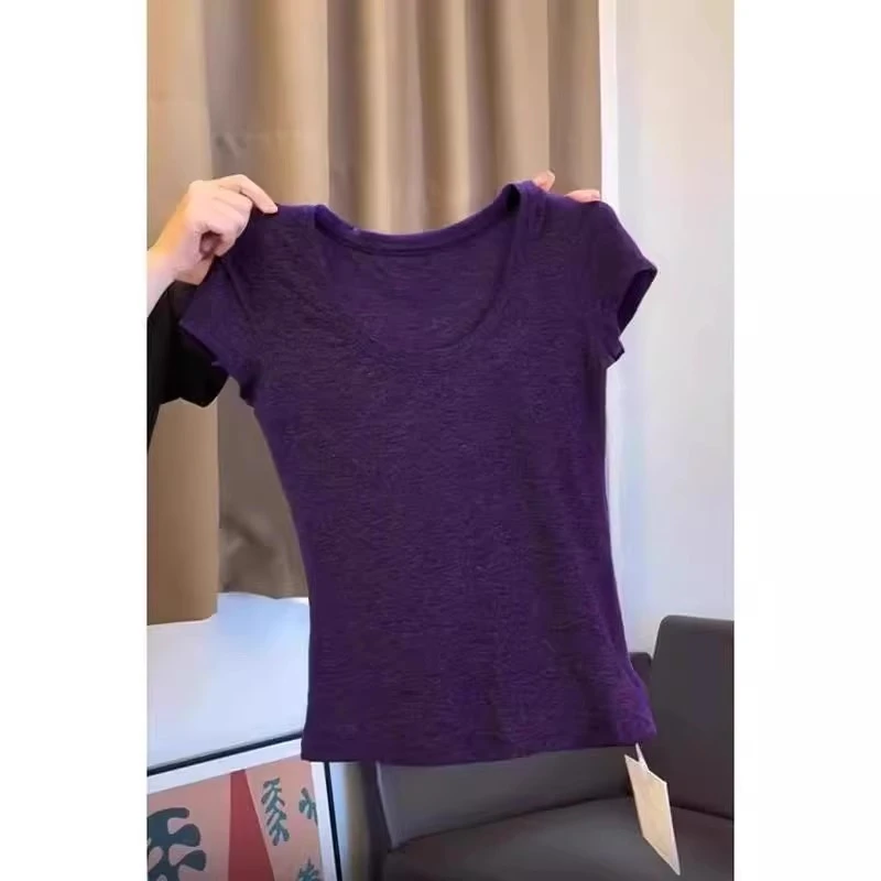 弹力紧身紫色修身弹力正肩短袖T恤女2025春夏季新款显瘦短款上衣
