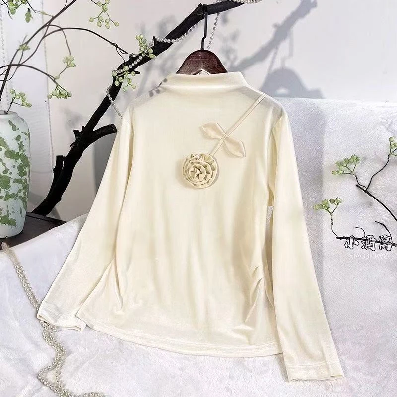 修身型玫瑰花秋季常规款衬衫秋冬金丝网红时尚复古打底衫长袖小衫