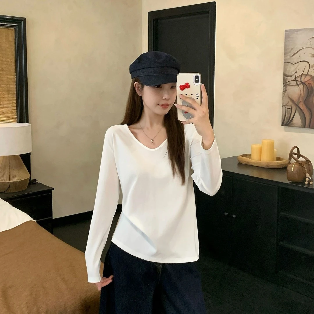 大码V领打底衫白色长袖t恤女2025年秋慵懒感内搭宽松基础款上衣女