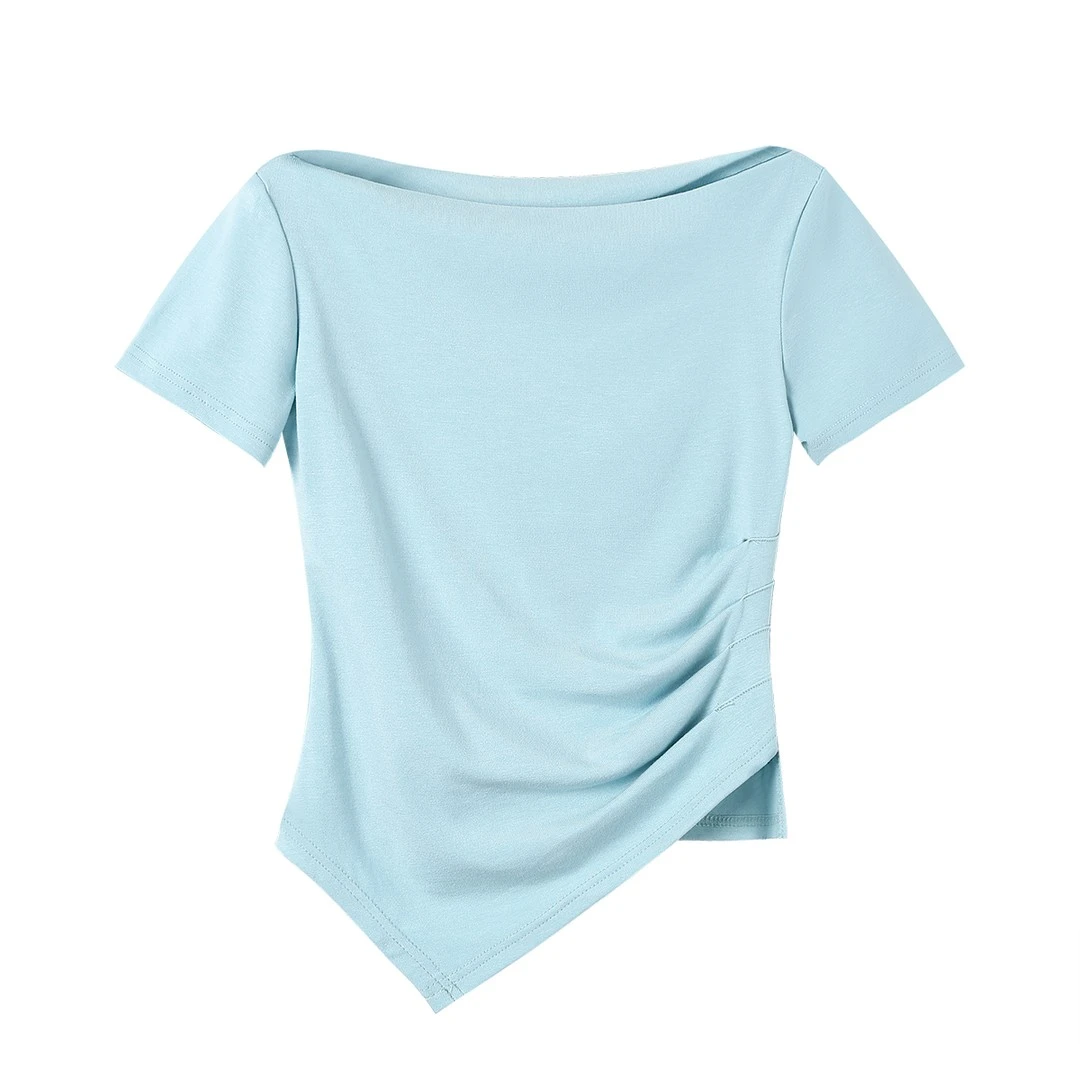性感设计感湖蓝色短袖T恤女夏季褶皱小众修身显瘦斜肩一字肩上衣