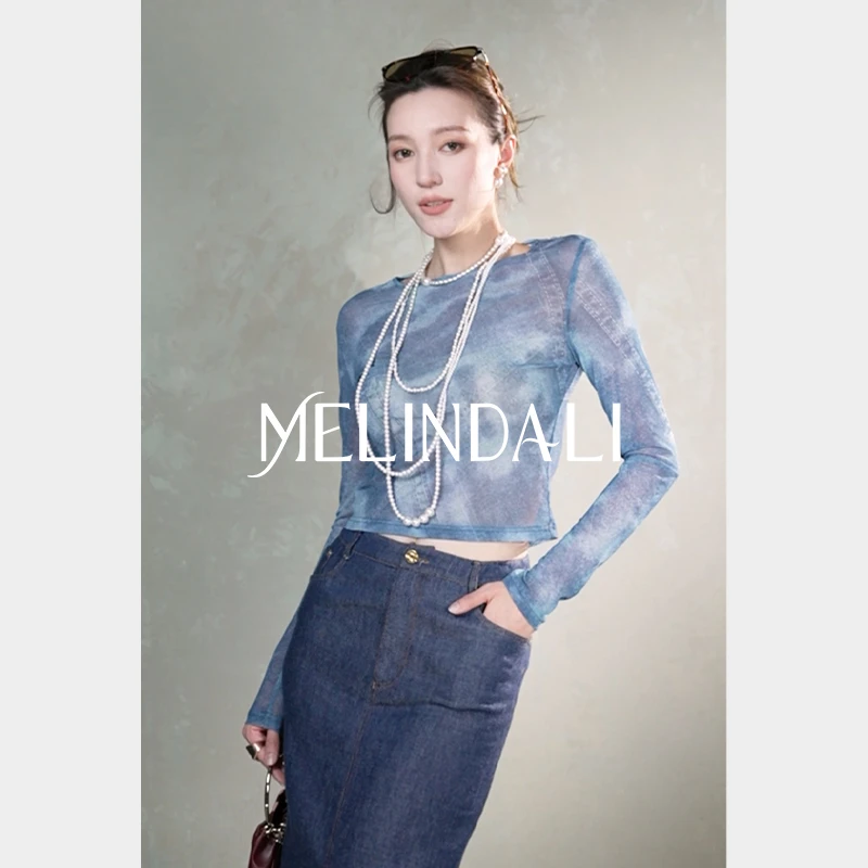 Melinda Li【青花瓷影】英国定制印花薄透网纱皮肤衣打底衫包臀半裙