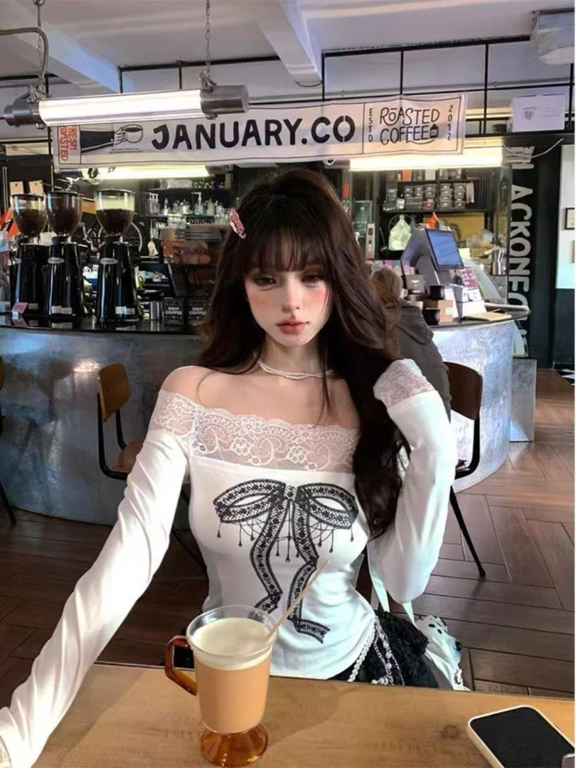 美式辣妹蝴蝶结一字肩蕾丝T恤女秋冬设计感长袖显瘦收腰纯欲上衣
