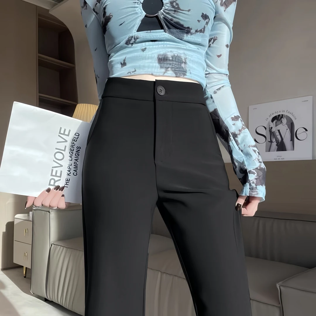 黑色裤子女裤2025春季新款高腰修身显瘦微喇裤垂感窄版西装阔腿裤