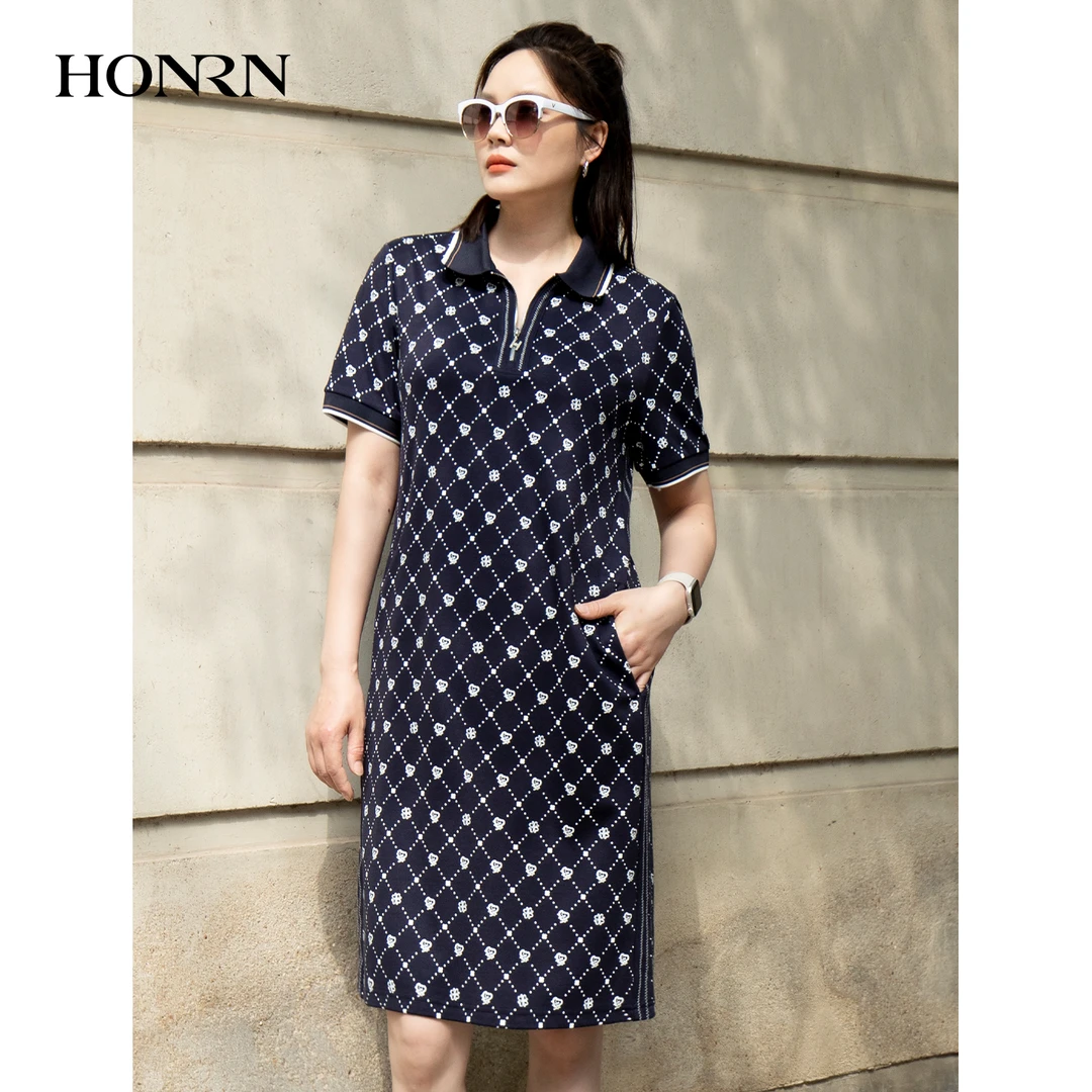 HONRN/红人休闲穿搭翻领中长款印花短袖连衣裙女夏日HK29OL002