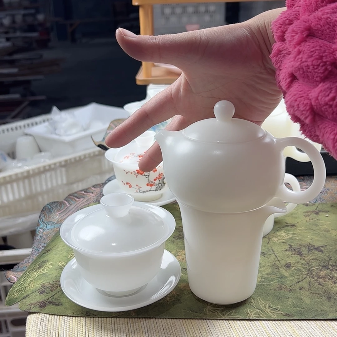 独***二素烧璞玉油润型盖碗+西施壶白+茶海