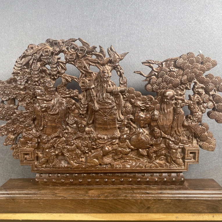 木雕老料复古摆件摆设雕刻中式手工工艺品淡淡清香福禄寿26厘米宽