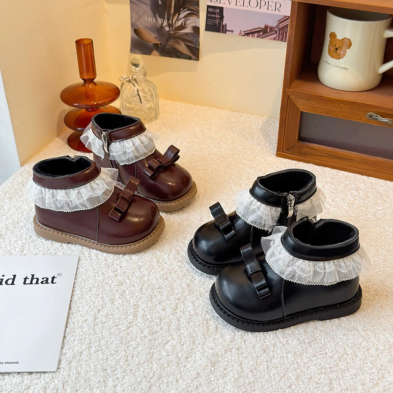 女童蕾丝边公主靴冬季儿童加绒保暖马丁靴小女孩二棉靴宝宝短靴子