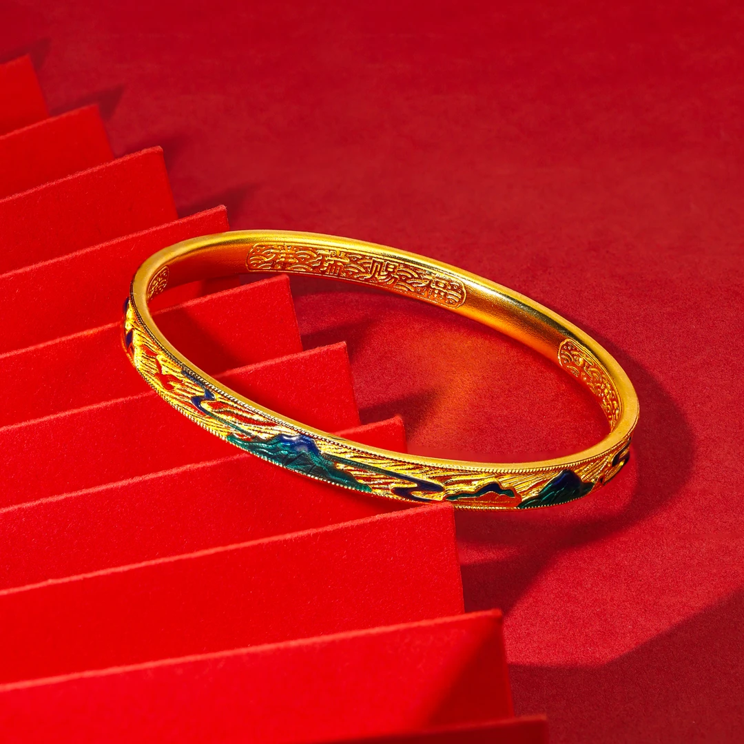 足银手镯 足银手镯 厚包版足银珐琅彩手镯千里江山时尚百搭