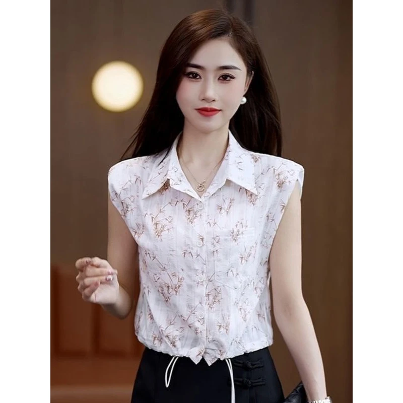 洋气休闲装港风复古印花polo领无袖衬衫女夏季2025新款减龄显瘦衬