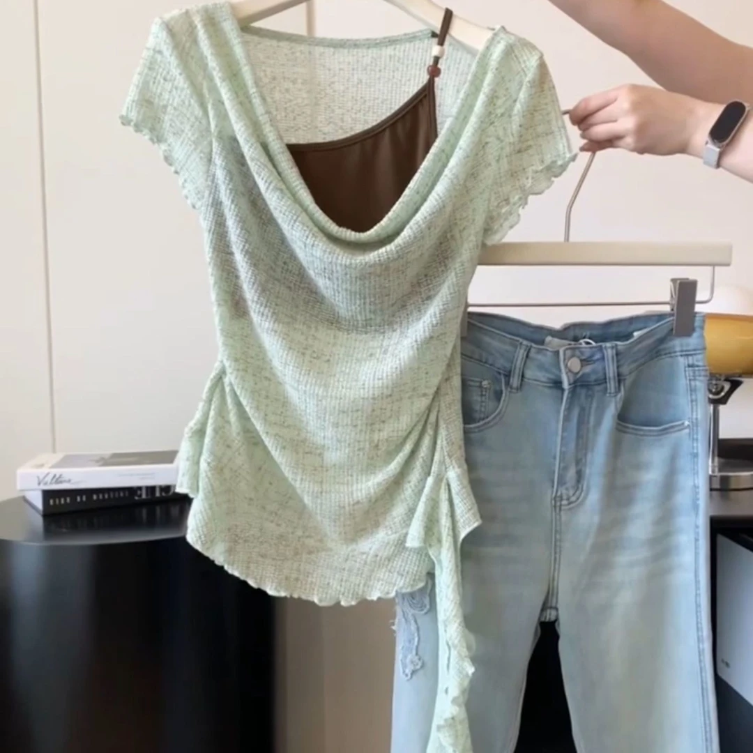 韩系假两件掐腰显瘦荡领吊带短袖T恤女夏季新款时尚辣妹修身上衣