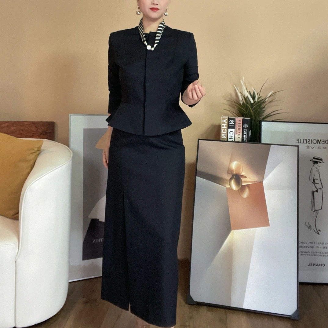 澳洲精纺羊毛套装长袖羊毛外套+前侧开叉高腰直筒半身裙显瘦必入