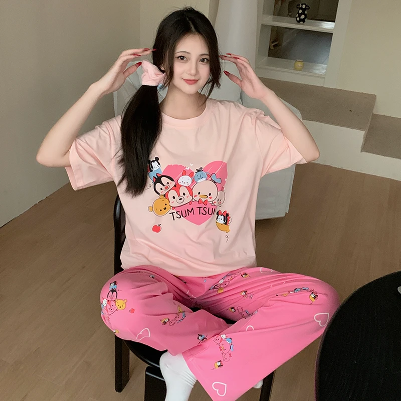 新款睡衣女夏季薄款纯棉短袖可爱卡通甜美家居服套装学生ins长裤