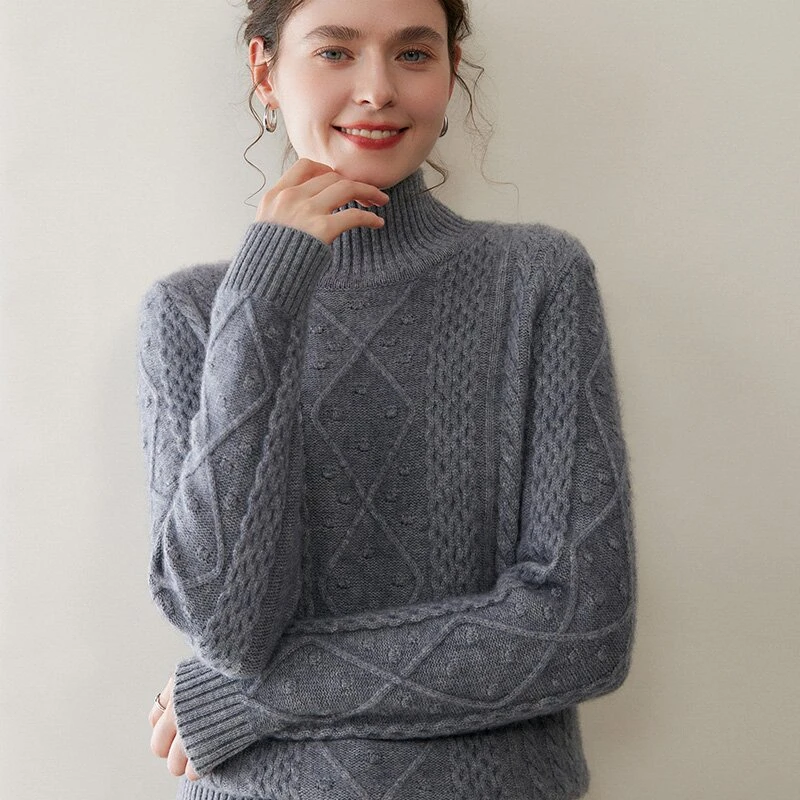 羊绒衫女半高领秋冬季加厚毛衣菱形扭花中领针织衫打底衫女士毛衣