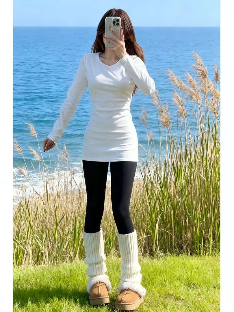 白色中长款德绒打底衫内搭女长袖chic小上衣2025新款修身配鲨鱼裤