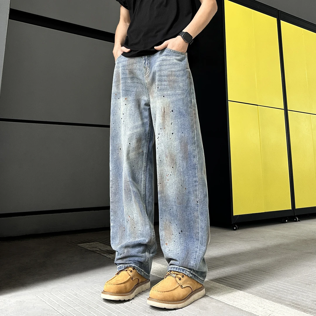 QUALCOMM春季复古蓝高街阔腿长裤男款潮流美式泼墨脏染宽松牛仔裤
