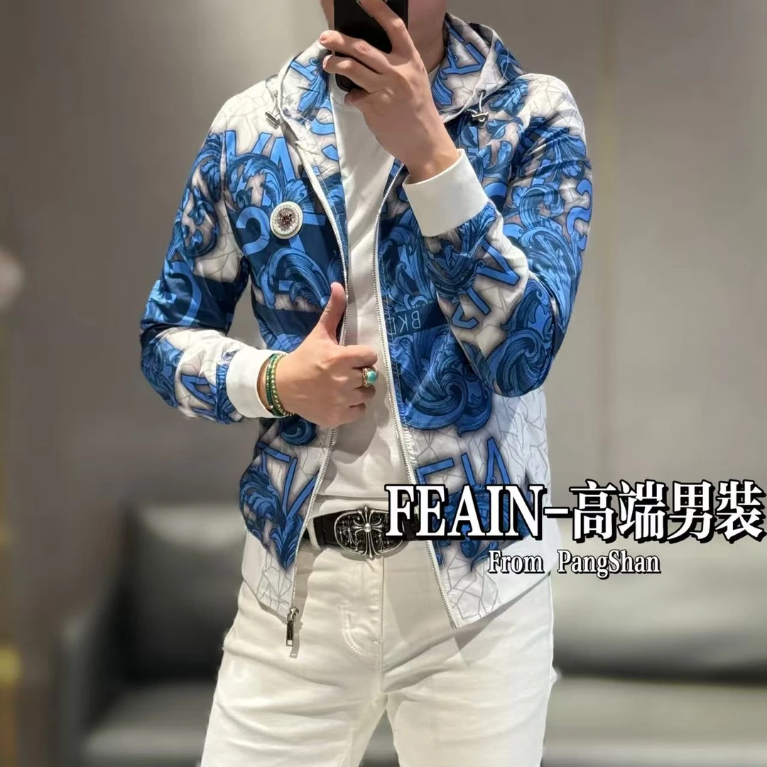 巴洛克宫廷风格奥钻狮子头胸标点缀连帽莱卡春款男士夹克091