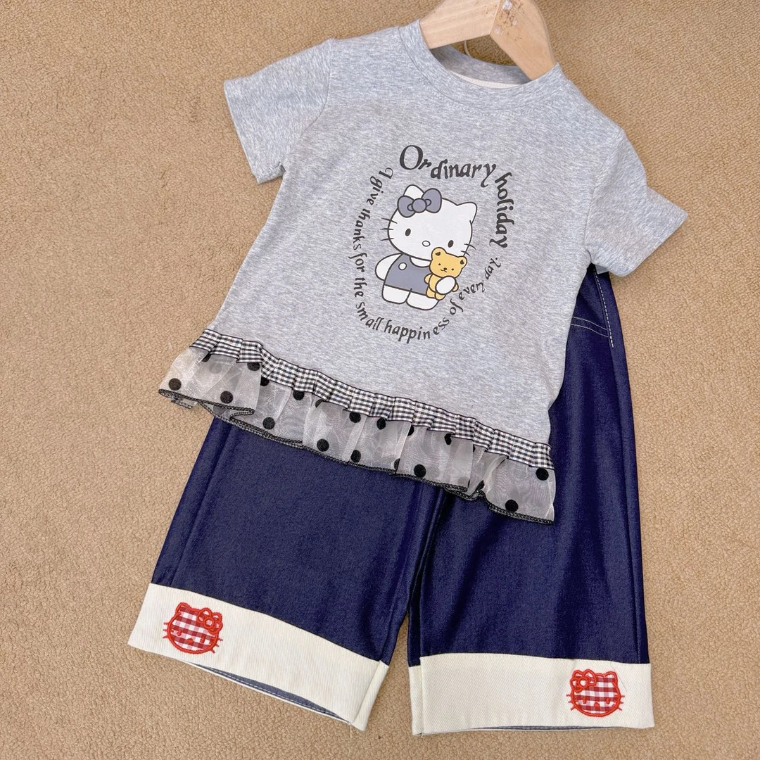 【新疆包邮】夏季新款KT网纱边短袖牛仔裤两件套A358