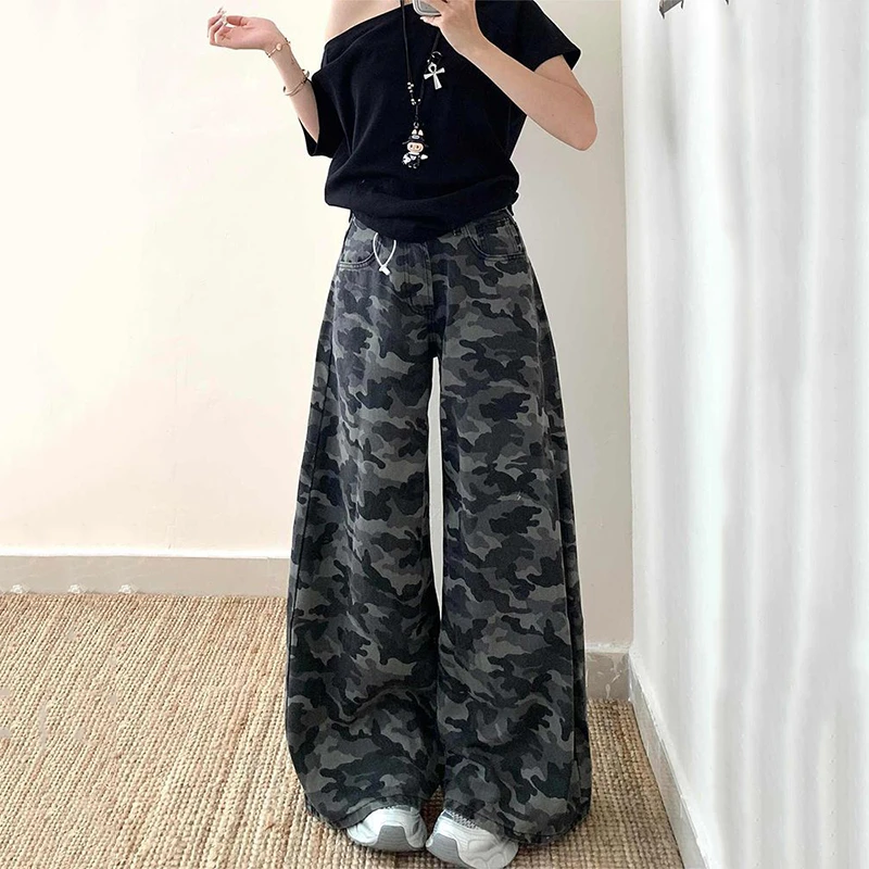 大码女装美式迷彩工装牛仔裤女胖mm秋季款裤子梨形身材显瘦阔腿裤