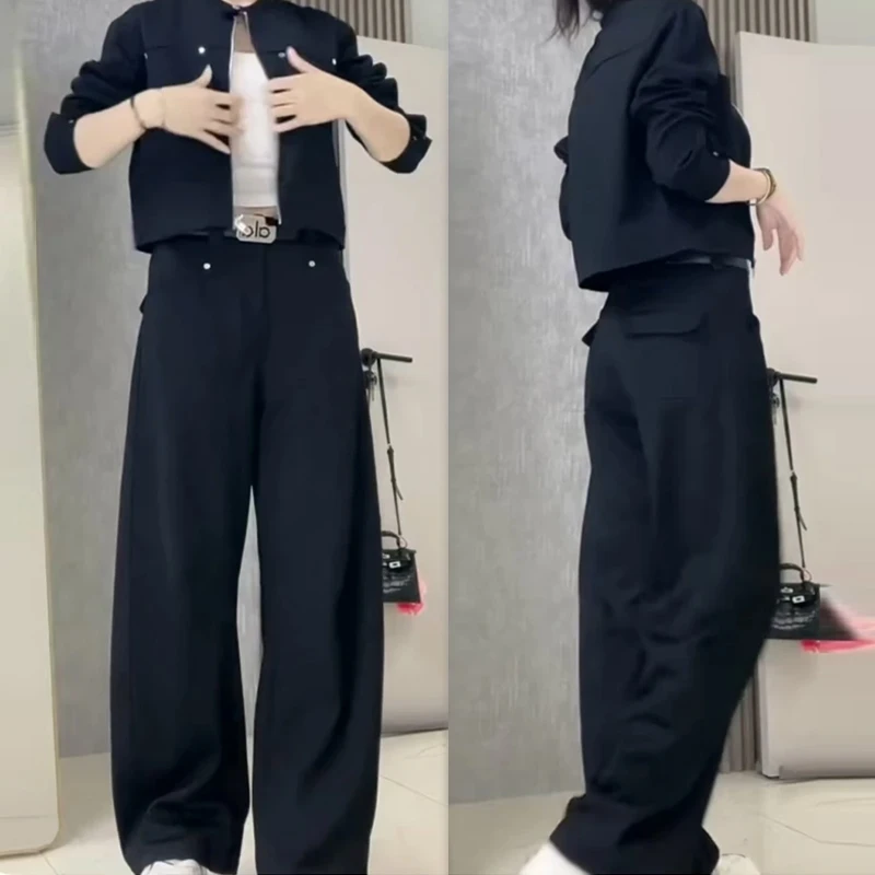 简约时尚纯色长袖上衣+直筒裤两件套女2025秋季新款小众洋气套装