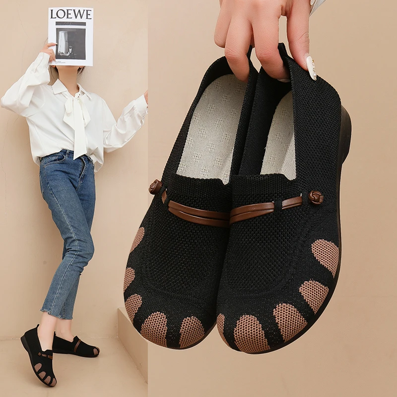 2025春季新款老北京布鞋女豆豆鞋一脚蹬软底防滑飞织网面透气单鞋