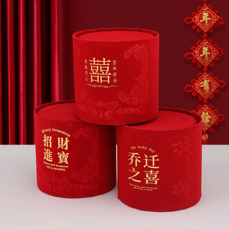 新年喜庆绒布抱抱福筒手工插花桶发财桶年宵花仿真花花筒福桶空桶