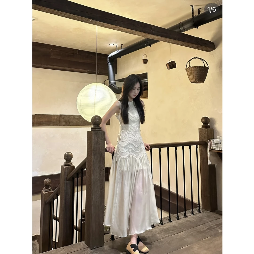 法式温柔气质无袖背心连衣裙夏海边度假漂亮独特绝美网纱拼接长裙