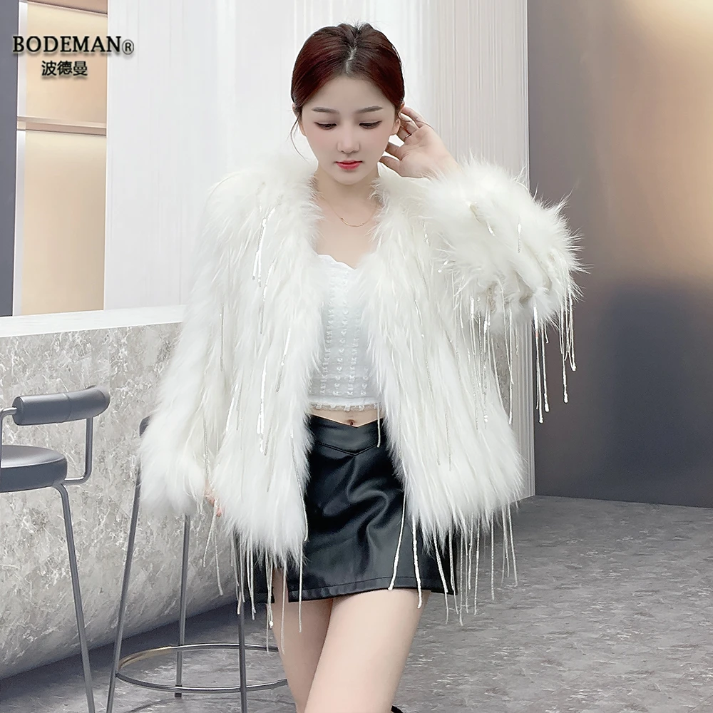 2025加棉加厚短款流苏真毛貉子毛皮草女爆款V领流苏皮草外套新款