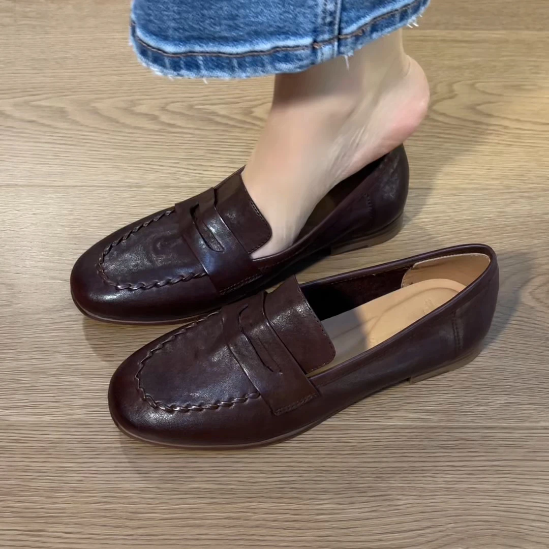 2025新款法式复古通勤乐福单鞋百搭简约全手工真皮平底女士单鞋女