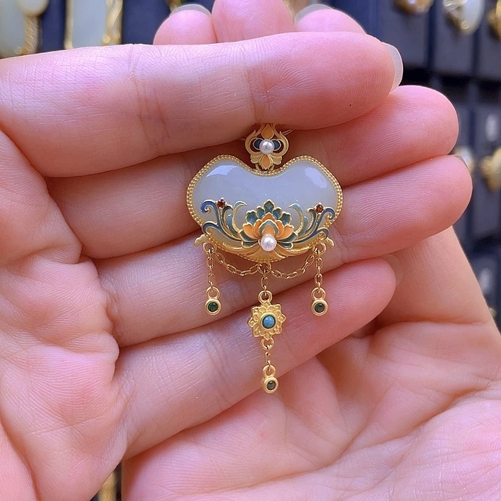 颈饰银S925镀金镶嵌和田玉